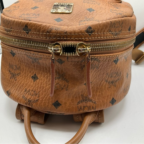 MCM Visetos Brown Cognac Monogram Gold Studded Leather Backpack - Picture 4 of 15